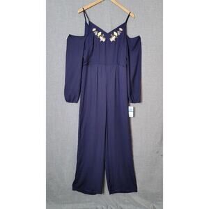 the Edit by Seventeen Women's Jumpsuit Romper Size 9 Cold Shoulder Wide Leg Blue